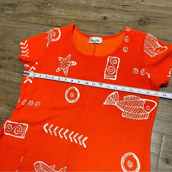 MAXIMA Orange Fish Print Long Beach Summer Shift Dress Cotton Cover up w Pockets - Picture 10 of 10